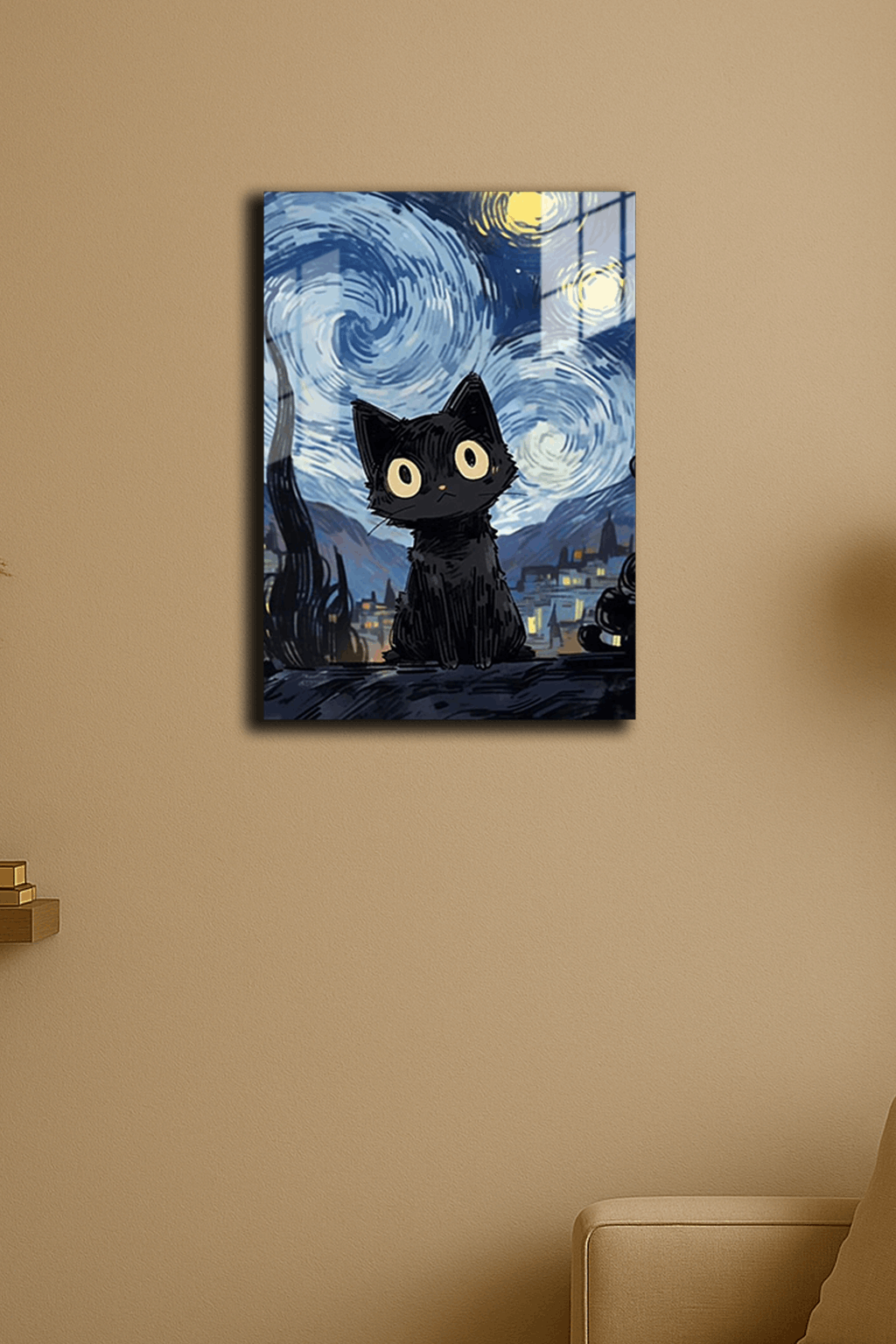 "Yıldızlı Gecede Kedi" Baskılı Metal Poster (Premium Kalite)