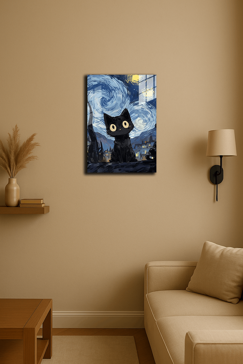 "Yıldızlı Gecede Kedi" Baskılı Metal Poster (Premium Kalite)